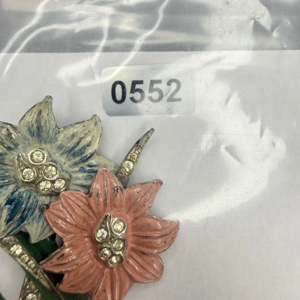 Vintage Pot Metal Enamel Flower Rhinestone Brooch 3.5